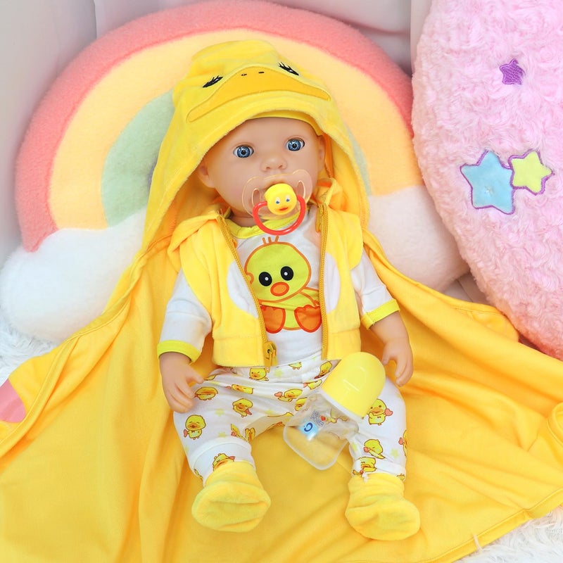 UNICORN ELEMENT 8 Pcs Baby Doll Colthes Outfit Accessories Yellow Duck Set Fit 16-18 Inch Reborn Dolls, New Born Doll Clothing Set Including Waistcoat, Blanket, Hat, Sock, Pacifier, Bottle - Image 2